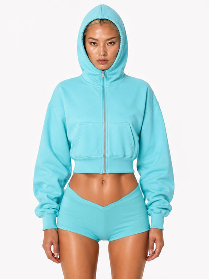 AQUAMARINE CROPPED FULL ZIP HOODIE